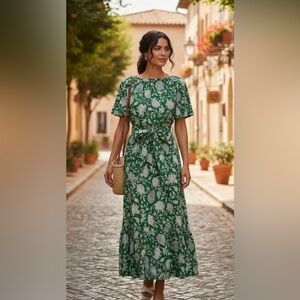 J. Crew Green Pleated Maxi Sundress with Flutter Sleeves